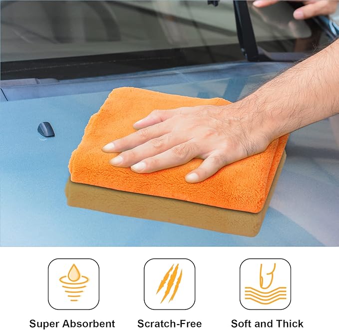 Shimeyao 30 Pcs 16 x 16 Inch Edgeless Microfiber Plush Towels for Cars Detailing Drying Wash Polishing Absorbent Cleaning Cloths, 500 GSM(Orange)