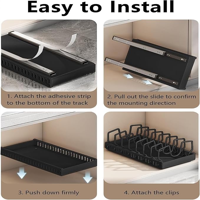 AmoiChic Pull Out Cabinet Organizer for Pots and Pans, Black Storage Rack with 8 Adjustable Dividers, Kitchen Countertop Lid Holder for Pot Lid, Bakeware, Dishes Storage, 2 Pack