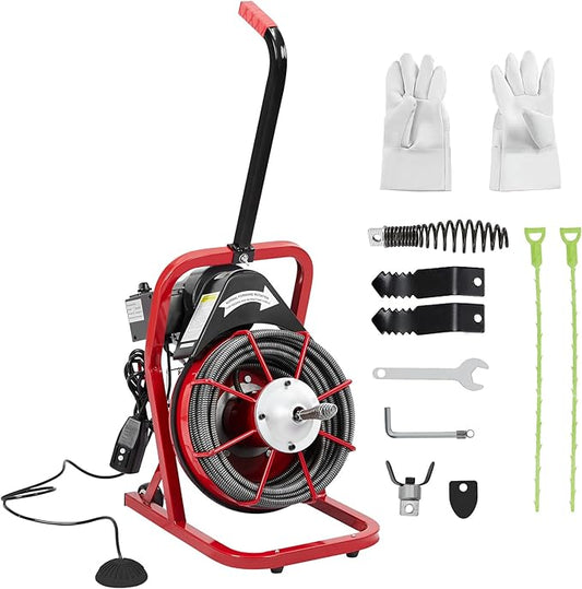 50 ft 3/8 in Electric Drain Cleaner Machine Auto Feed Drain Auger for 1 to 4 in Pipes Professional Sewer Snake with 4 Cutters Gloves Heavy Duty Clog Remover