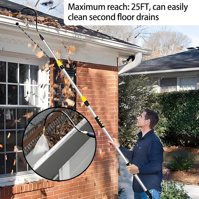 25FT Reach Telescopic Gutter Cleaning Tools from Ground,11FT Rain Gutter Cleaners Tool for Clean Leaves and Debris,Long Reach Cleaning Wand with Hose Attachment and Connection Adapter