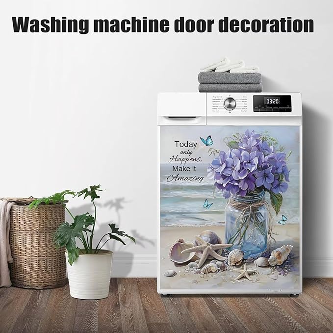 Generic Vase Flowers Dishwasher Magnet Cover, Spring Summer Floral Butterfly Stickers Kitchen Decor, Beach View Starfish Shells Inspiring Quotes Home Appliances Magnetic Panel Decals 23x26