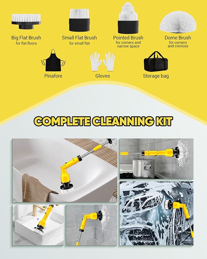 Electric Spin Scrubber with 3+ Hour Long Lasting Battery, 1000W/1200RPM High Power Cordless Clean Brush with 50IN Adjustable Long Handle, 4 Replacement Head for Bath/Tub/Tile/Floor