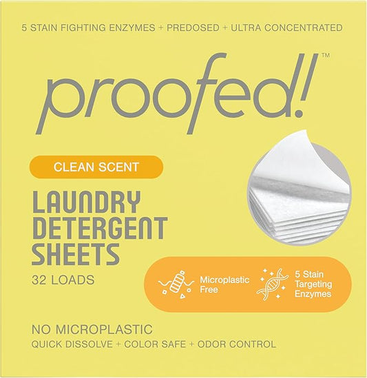Proofed! Laundry Detergent Sheets, 32 Count, Clean Scent, The Only 100% Plastic-Free Sheet, No PVA or PVOH, Hypoallergenic, Bio-Based Ingredients, Made in USA, 1 Box