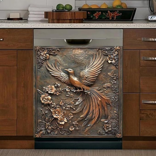 Metal Floral Bird Print Kitchen Decor Dishwasher Magnet Cover Decal, Magnetic Dish Washer Panel Door Vinyl Sticker, Refrigerator Magnets,Easy to Clean, 23 x 26 inch