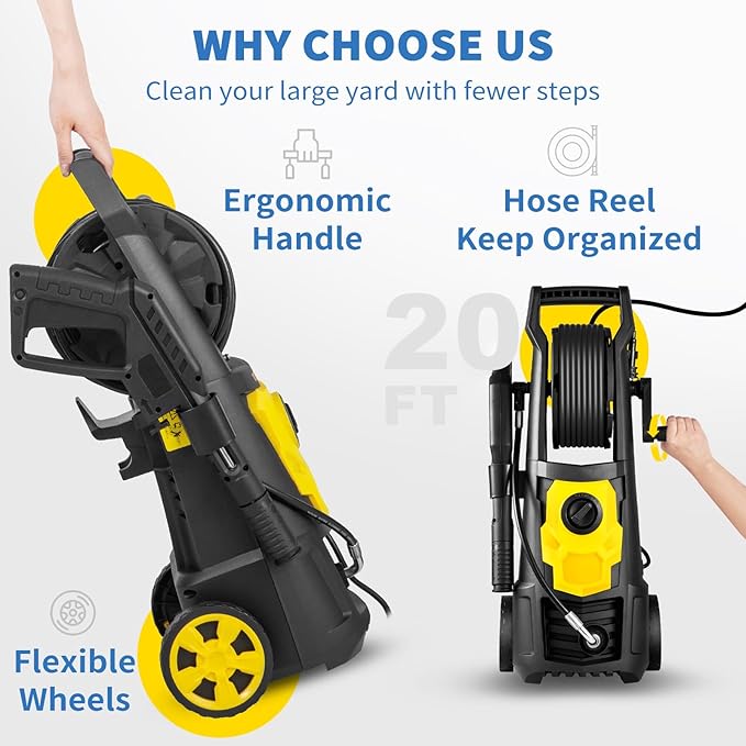 VEVOR Electric Pressure Washer, 2000 PSI, Max 1.65 GPM Power Washer w/ 20 ft Hose & Reel, 4 Quick Connect Nozzles, Foam Cannon, Portable to Clean Patios, Cars, Fences, Driveways, ETL Listed