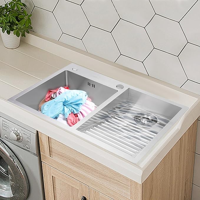 Laundry Sink,Household Stainless Steel Laundry Sink with Washboard,Multi-Mount,Quiet,Cleaning Machine for Laundry Rooms,Kitchens,Balconies