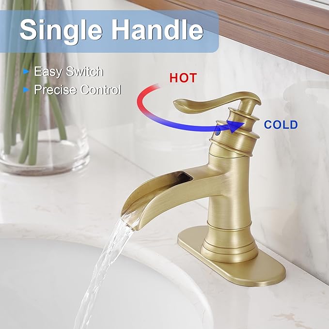 BWE Antique Brass Bathroom Faucet Single Hole Waterfall Bathroom Sink Faucet with Pop Up Drain Assembly and Supply Hose Rustic Lavatory Vanity Sink Faucet Mixer Tap