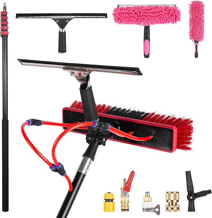 24ft Long Reach Solar Panel Cleaning Brush Kit,Telescopic Water Fed Pole & Squeegee, 2 Dusting Brushes for Window Outdoor Roof Cleaner Kit