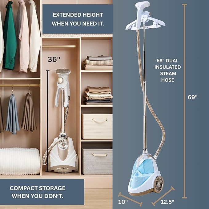 True & Tidy Luxury Upright Garment Steamer with 10 Steam Settings, Smart Auto Shut-Off 1800 Watt Powerful Standing Clothes Steamer, Fast Heat-Up Fabric Steamer, Champagne