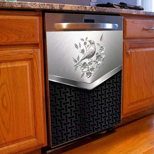 Dishwasher Covers Decorative Magnetic Sticker,Stainless Steel Design Bird and Flower Pattern Refrigerator Front Panel,Kitchen Decor Fridge Magnet Cover Decor,23 x 26inchs