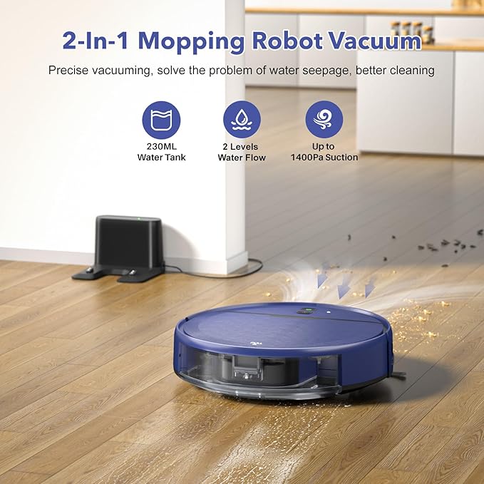 Robot Vacuum and Mop Combo, 2 in 1 Robot Vacuum Cleaner with WiFi/App, Smart Robotic Vacuums with Strong Suction, Schedule, Self-Charging, Slim, Quiet, Ideal for Hard Floor, Pet Hair, Low Pile Carpet