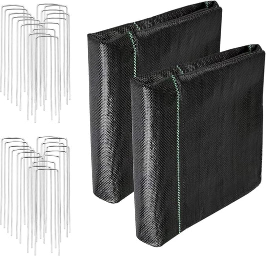 4FT x 100FT Weed Barrier Landscape Fabric (2 Pack 4x50FT) - Premium Heavy-Duty 3.2oz Gardening Weed Control Mat with 30 U-Shaped Securing Pegs - Ground Cover for Gardening, Farming