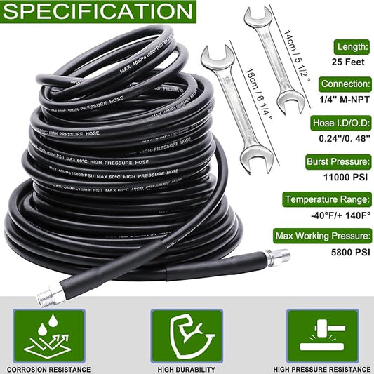 WEST BAY Sewer Jetter Kit 25 FT for Pressure Washer, 5800 PSI Drain Cleaner Hose 1/4 Inch NPT Corner Rotating and Button Nose Sewer Jetting Nozzle Spanner WatertightTape Pearl Corsage Pin