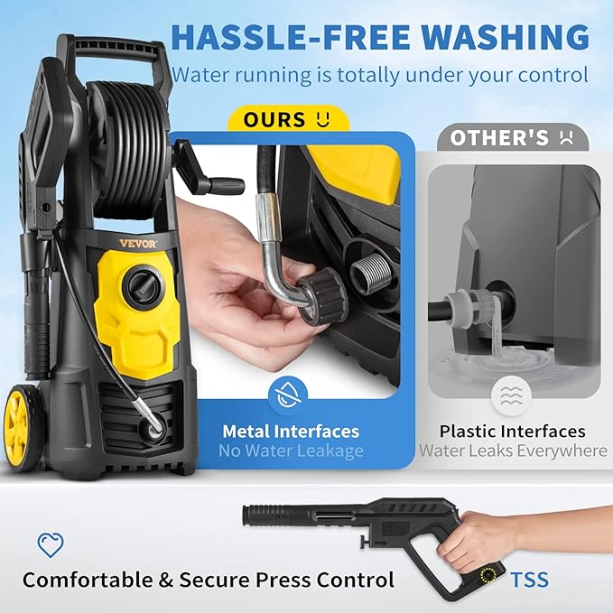 VEVOR Electric Pressure Washer, 2000 PSI, Max 1.65 GPM Power Washer w/ 20 ft Hose & Reel, 4 Quick Connect Nozzles, Foam Cannon, Portable to Clean Patios, Cars, Fences, Driveways, ETL Listed