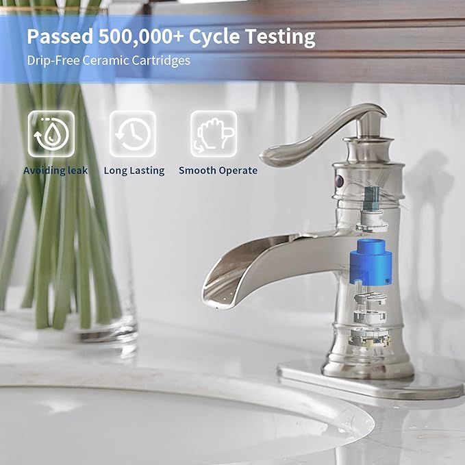 BWE Bathroom Faucet Brushed Nickel Waterfall Single Hole Matching Pop Up Drain Stopper Handle Sink Faucets Bath Vanity Lavatory Vessel Commercial Satin with Water Supply Hose