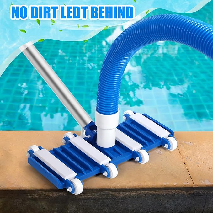 14" Swimming Pool Vacuum Head with 47" Long Pool Pole and 1-1/4" x 18ft Pool Vacuum Hoses Flexible Pool Vacuum Head with Wheels for Inground Pool Cleaning