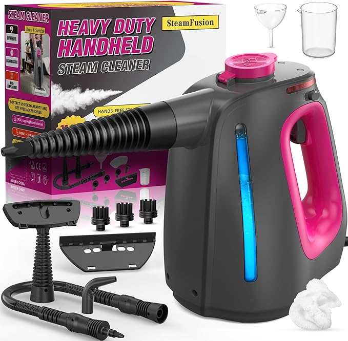 Heavy Duty Handheld Steam Cleaner for Cleaning with Lockable Steam Button&11pcs Accessories, Unlimited Water Addition for Continuous Steaming, Multi-Purpose Steamer for Cleaning Car, Grout (Purple)