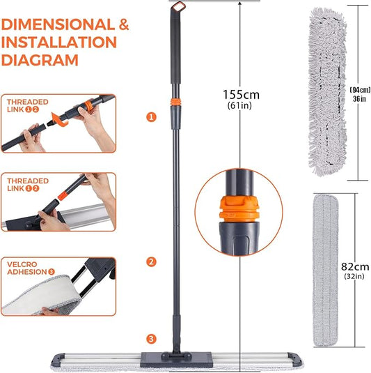 36" Large Wrestling mat mop Commercial Dust Mops for Floor Cleaning Push mop with Adjustable Handle for Company Hotel Household Cleaning Supplies