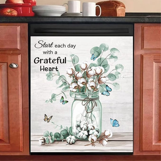 Generic Vase Cotton Flower Dishwasher Cover Magnet Kitchen Decorative,Rustic Kapok Floral Butterfly Wood Grain Refrigerator Magnets Decals,Inspiring Quotes Home Appliance Sticker,Magnetic 23x26