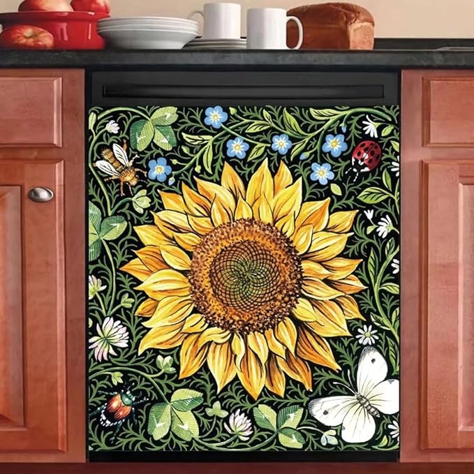 Sunflower Dishwasher Magnets Decorative Cover, Home Kitchen Dishwasher Decal Floral Refrigerator Magnet Cover Decals, Magnetic 23"x26"INCH