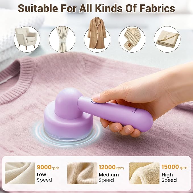 DBC Fabric Shaver & Lint Remover for Clothes, Sweaters & Furniture | 6-Leaf Blade, 3 Speeds, 2H Runtime, Portable Design Perfect for Travel, Includes 2 Extra Blades, Purple - Image 5
