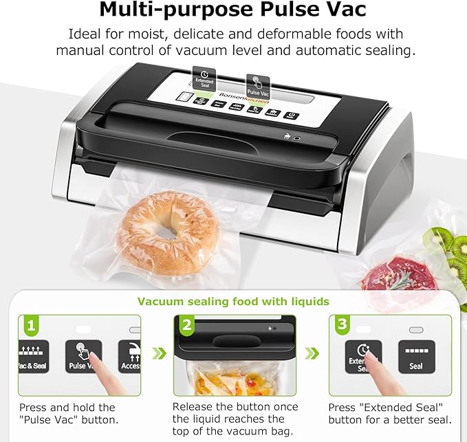 Bonsenkitchen Vacuum Sealer Machine, Globefish Technology for Perfect Vacuum Sealing, Powerful Low-Noise Food Vacuum Sealer with Easy Handle Design, Built-in Cutter & Bag Storage, 1 Bag Roll & 10 Bags