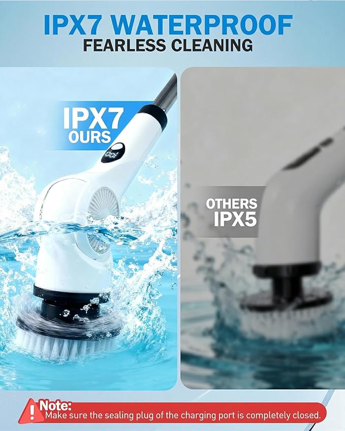 Electric Spin Scrubber, 3-Speed Cordless Shower Scrubber with Long Handle & 10 Replaceable Brush Heads, 90 Mins Runtime & Full-Body IPX7 Waterproof Shower Cleaner Brush for Bathroom Kithchen