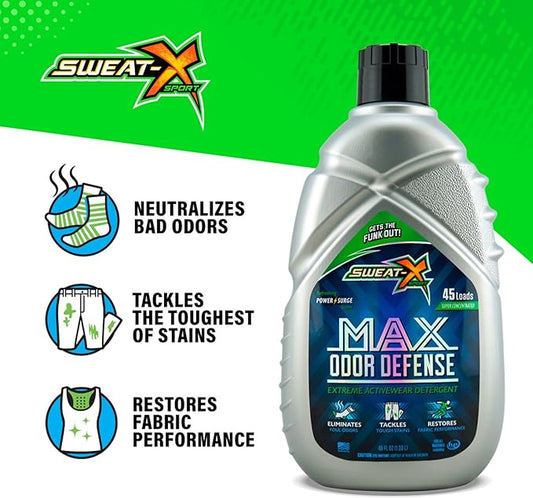 SWEAT X Max Odor Defense Laundry Detergent Liquid - Natural Washing Detergent for Activewear & Gym Clothes - Laundry Detergent for Sensitive Skin - Concentrated Detergent, 45 Loads/Bottle (2 Bottles)