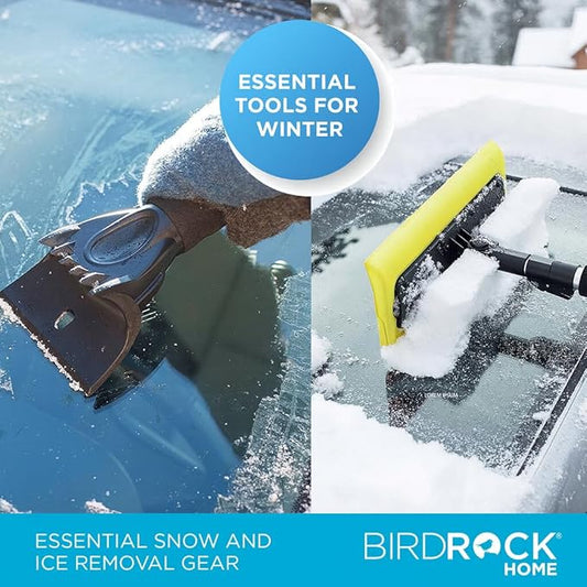 BIRDROCK HOME 55" Extendable Snow Brush with 14" Foam Head & Detachable Scraper | Aluminum Grip for Car, Truck, SUV | Safe on Auto Windshield & Windows | Wide Frost Remover - Yellow