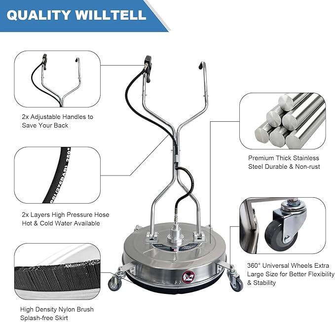 30" Pressure Washer Surface Cleaner, Dual Handle Stainless Steel Power Washer Surface Cleaner With 4 Wheels, 5200 PSI for Pressure Washer Attachment for Concrete, Patio, Sidewalk, Deck and Driveways