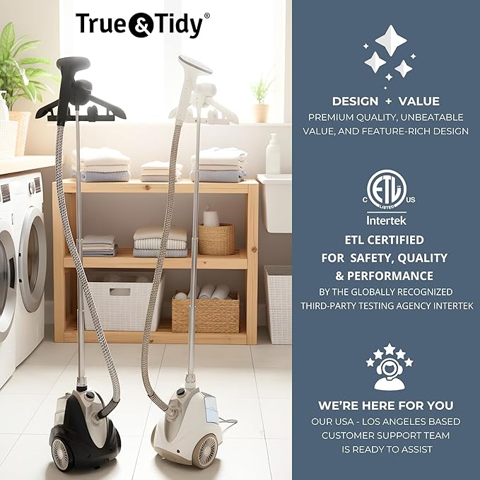 True & Tidy Luxury Upright Garment Steamer with 10 Steam Settings, Smart Auto Shut-Off 1800 Watt Powerful Standing Clothes Steamer, Fast Heat-Up Fabric Steamer, Champagne