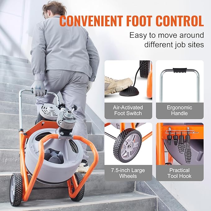 VEVOR Drain Cleaner Machine 100FT x 3/8 Inch, Auto Feed Sewer Snake Drain Auger on Wheels, Portable Drain Cleaning Machine with 8 Cutters & Air-activated Foot Switch for 2" to 4" Pipes