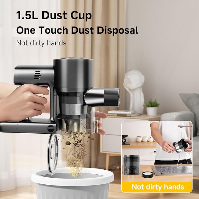 Cordless Stick Vacuum Cleaner - 45KPA Powerful Suction Vacuum with 45 Min Runtime, Detachable Battery, Anti-Tangle & 1.5L Dust Cup, 8 in 1 Vacuum Cleaner for Pet Hair, Carpet, HardFloor, Gold