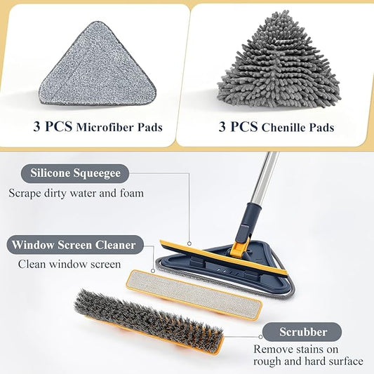 5 in 1 Wall Cleaner Mop, 78 Inch Base Board Cleaner Tool with Long Handle, 360° Wall Washing Tool for Ceiling, Floor and Window Cleaning with 3 Microfiber & 3 Chenille Pads