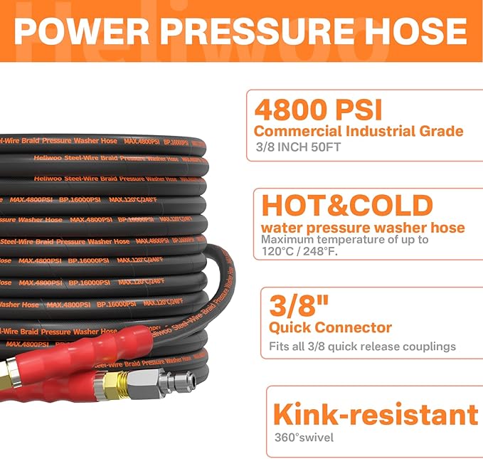 5000PSI Pressure Washer Gun and Hose Kit, 50FT Kink Resistant Steel Braided Power Washer Hose with 3/8" Swivel Quick Connector and M22 14mm Adapters Replacement