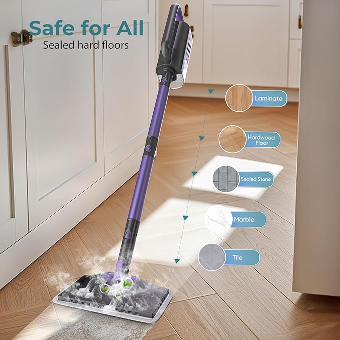 Steam Mop, Steam Cleaner with 400ML Water Tank, 2 Washable Pads, 23FT Power Cable floor steamer, Detachable Steam Mops for sealed Hard Floors, Marble, Stone, Hardwood (Lavender)