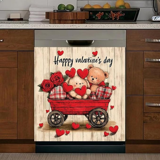 Happy Valentine's Day Kitchen Decor Dishwasher Magnet Cover Decal, Rustic Wood Red Wagon Magnetic Dish Washer Panel Door Vinyl Sticker, Refrigerator Magnets,Easy to Clean, 23 x 26 inch