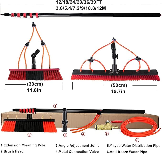 Window Cleaning Pole Cleaner Kit, 3.6M-12M Hose Pole Cleaning Brush Equipment Extendable Outdoor Cleaning Tools Photovoltaic and Solar Panels,55cmbrush-20FT/6M