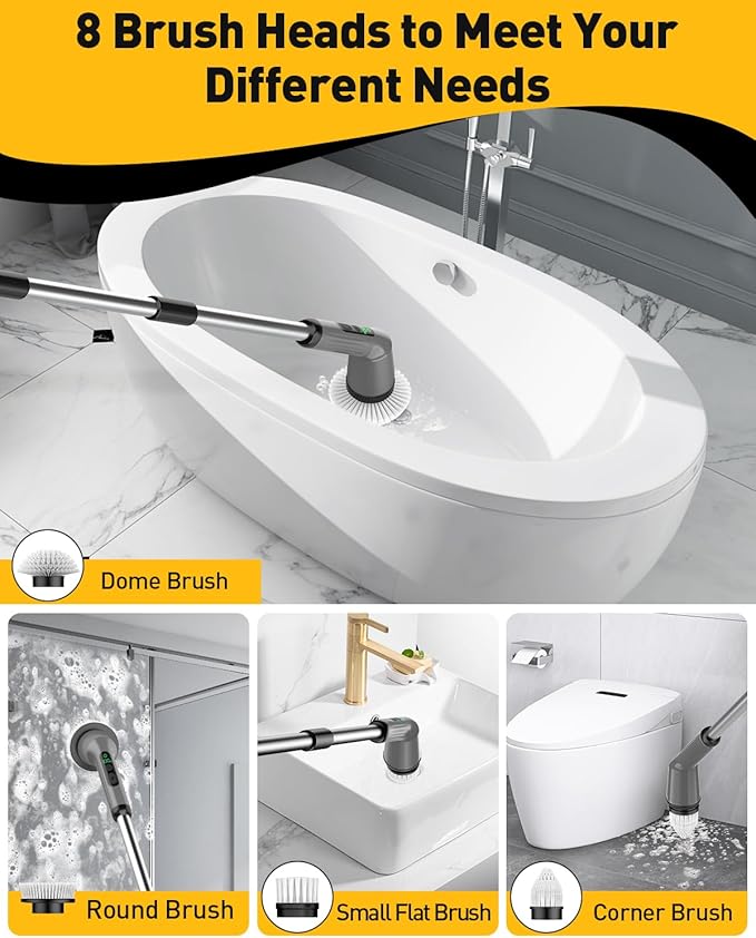 Electric Spin Scrubber for Cleaning Bathroom, Shower Scrubber Cordless Cleaning Brush with IPX7 Waterproof & 2 Speed, 3 Brush Heads, Bathroom Cleaning Supplies for Shower Tub Tile Toilet Grey
