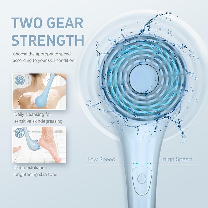 Electric Body Brush, Waterproof Back Scrubber for Shower with Long Handle and 3 Heads, Rechargeable Exfoliating Brush for Body and Foot, Deep Cleansing Massager, Blue