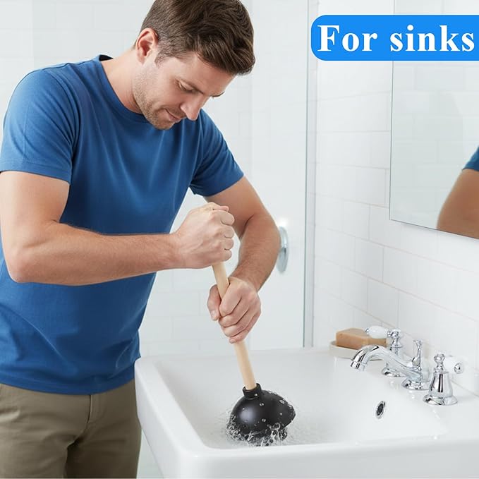SHENLIU 6 Pack Toilet Plungers for Bathroom, Heavy Duty Rubber Toilet Plunger with Long Wooden Handle Black Double Thrust Suction Cup Clog Remover for Bathroom Toilets