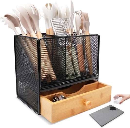 Kitchen Utensil Holder with Drawer, 2-In-1 Large Utensil Holder & Silverware Holder for Counter & Countertop, Kitchen Utensils Organizer for Cookware and Flatware, With Quick Dry Diatomite Pad