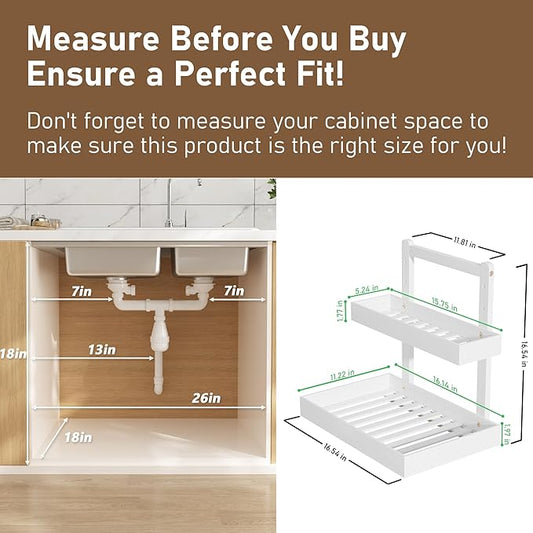 Bamboo Under Sink Organizer and Storage, 2 Tier Pull Out Cabinet Organizer, Slide Out Under Sink Storage Shelf, Undersink Organizers Shelves for Kitchen Bathroom Organization (White, 1 Pack)