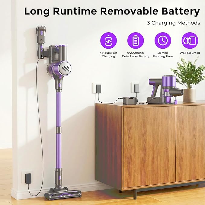 Vacuum Cleaners for Home,Cordless Vacuum Cleaner,Lightweight Stick Vacuum Cordless Rechargeable,Self-Standing Design,LED Touch Screen,Vacuum for Hardwood Floors,Carpet,Pet Hair(Lavender Purple)