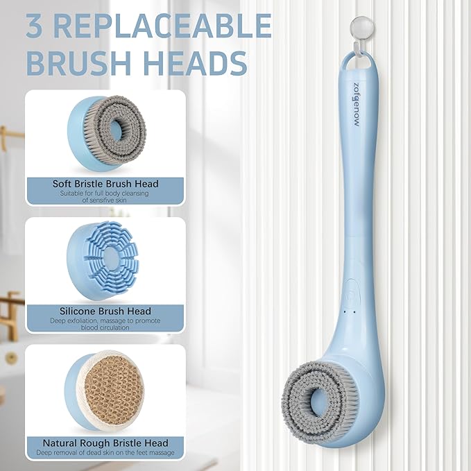 Electric Body Brush, Waterproof Back Scrubber for Shower with Long Handle and 3 Heads, Rechargeable Exfoliating Brush for Body and Foot, Deep Cleansing Massager, Blue