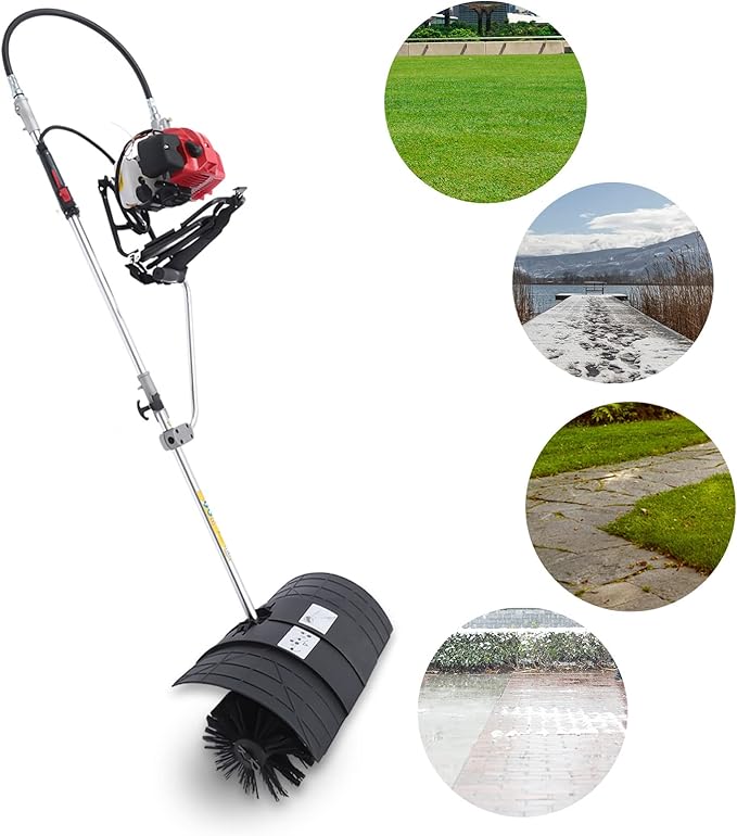Handheld Sweeper 52CC 2 Stroke Gasoline Power Sweeper Outdoor Sweeping Broom 2.3HP Walk Behind Sweeper Cleaner 20.5'' Turf Lawns Driveway Grass Sweeping Cleaning Tool