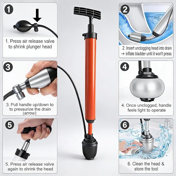 Manual Drain Unclogger with Adaptive Inflatable Plug, Fits NPS1.5~4.5" Pipes for Toilet/Sink/Bathtub, No Extra Accessories, Hand Pump Pressure & Washable, Lightweight Toilet Plunger & Drain Auger Tool