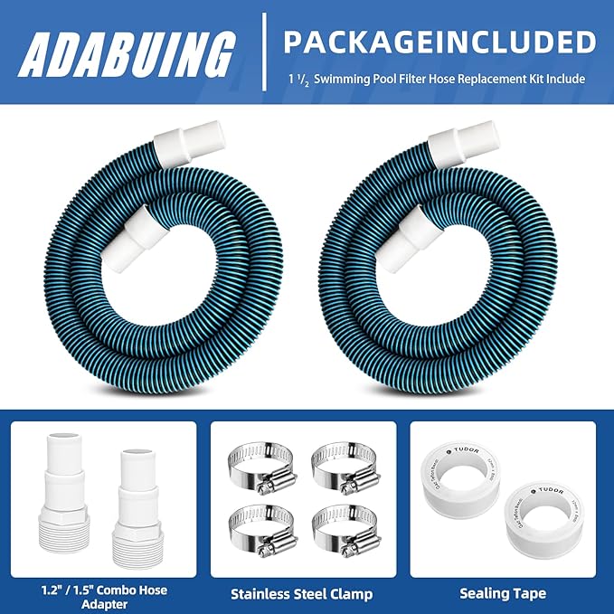 1.5" 6ft Swimming Pool Filter Pump Hose Replacement Kit, fit for Above Ground Swimming Pool Vacuum Skimmer 1 1/2" Filter Hose and for 1.25/1.5" Adapter Fittings -2 Hoses, 2 Adapters, 2 Tapes, 4 Clamps