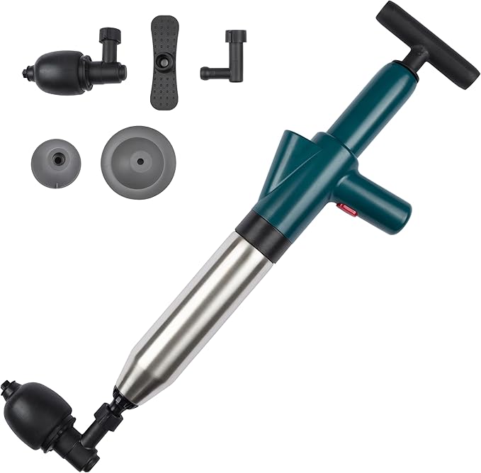 Professional Drain Blaster Gun, High Pressure Air Pump Plunger with Multiple Attachments for Toilet, Sink, Bathroom, Kitchen Clogs, Stainless Steel and Plastic Construction (Green)