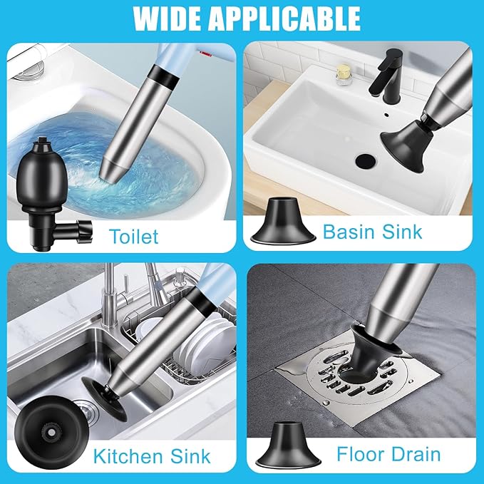 Fast High Pressure Toilet Plunger with Real-Time Barometer | Heavy Duty Air Drain Blaster & Unclogger Tool for Bathroom, Toilets, Sinks, Tubs, Pipes | Clog Remover Kit & Toilet Snake Alternative